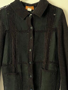 IDI by Matthew Vintage Black Leather Suede Jacket Size L Crochet Patchwork Knit
